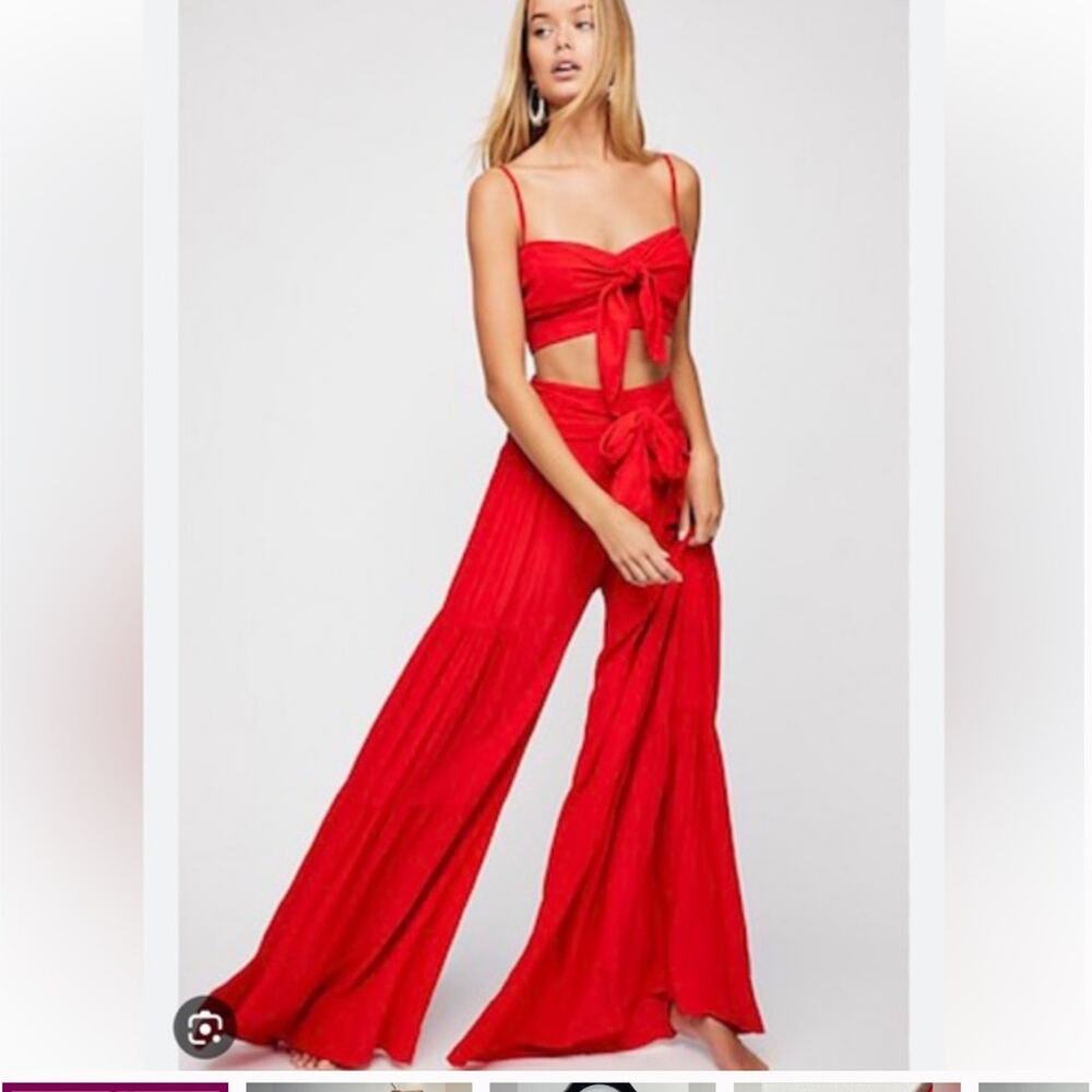 Free People FP One Red Linen Crop Top and Palazzo Pants Palermo Set Small